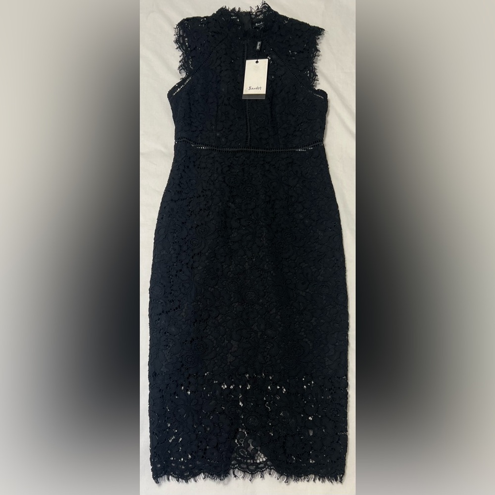 Bardot Black Lace Midi Elegant Cocktail Party NYE Holiday Wedding Guest Dress - Picture 4 of 7